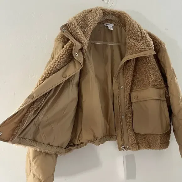 Athleta Fleece Hybrid Jacket Women's Large Tan Neutral Bomber Sherpa Quilted NEW - Picture 5 of 14